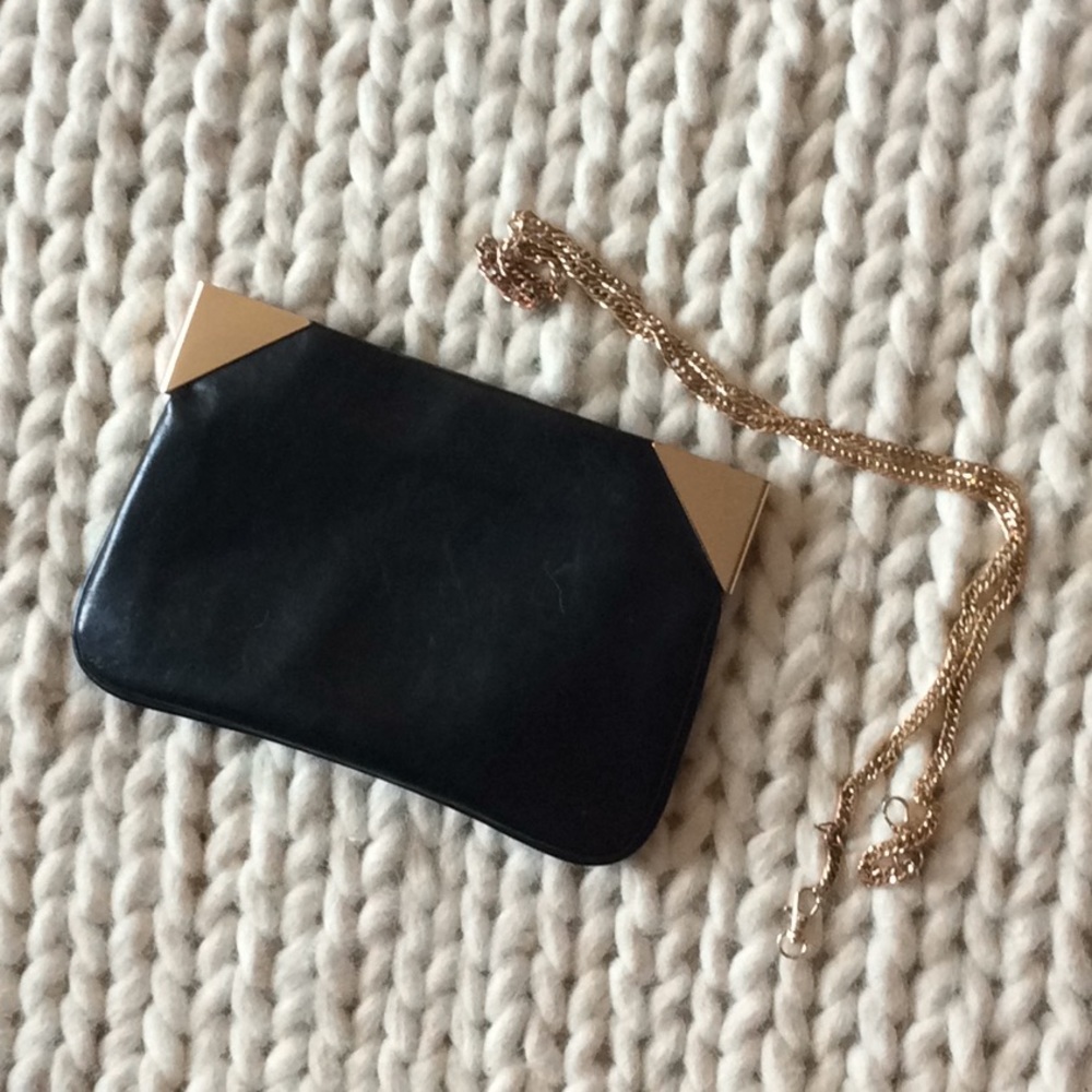 black + gold clutch w/ removable gold chain strap